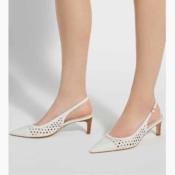 455. DUNE London DIVIDED WHITE Pointed Toe Sling-Back Heels Leather $140 NEW 37 - Picture 1 of 6